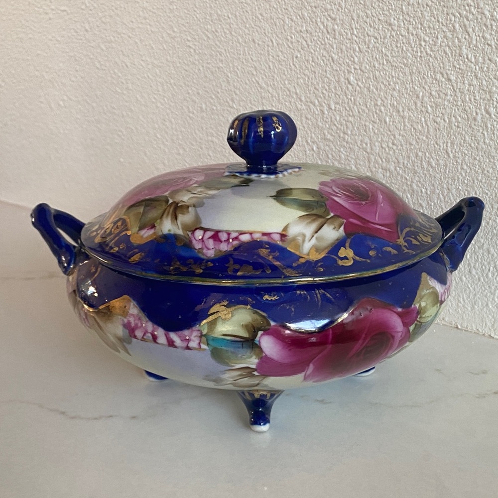 Antique Hand Painted Nippon Porcelain Bowl with Lid. Floral Rose Gold Design.